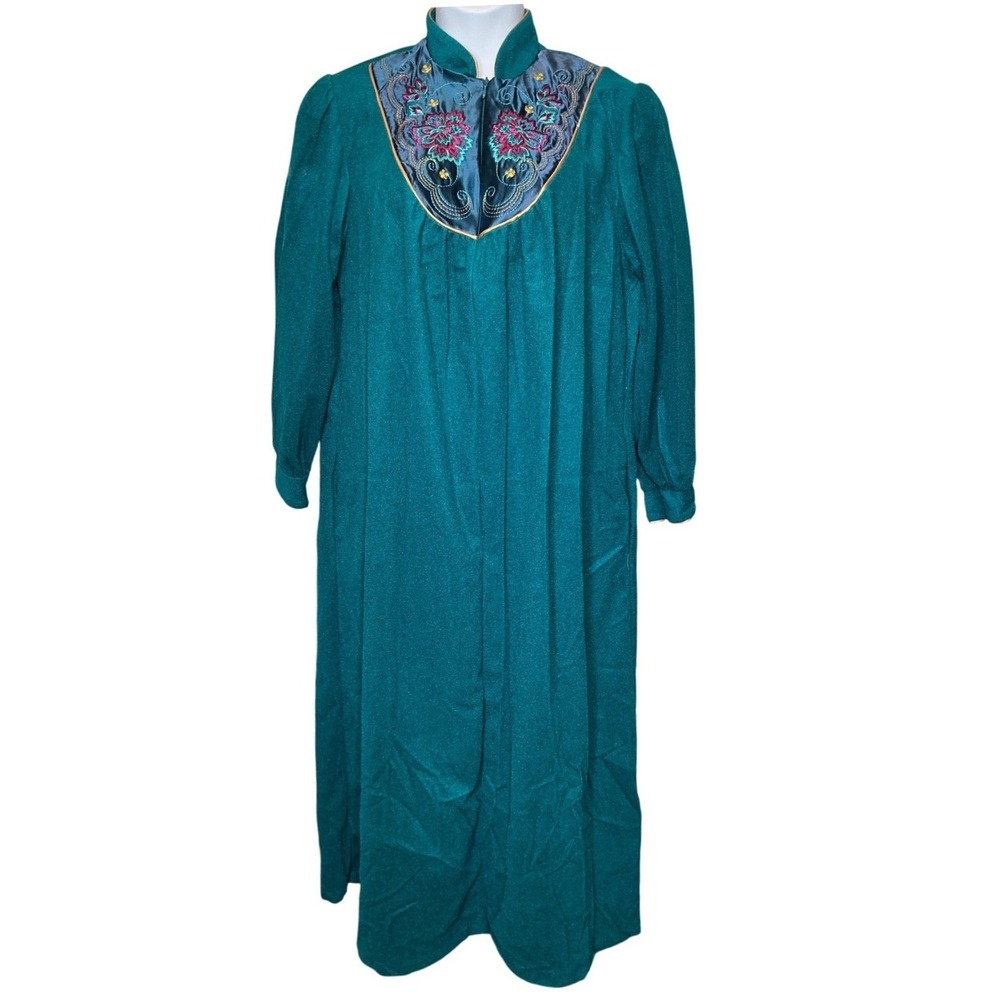 VTG CACHET Womens Teal Embroidered Floral Kaftan Robe Sz L Mumu Golden Girls